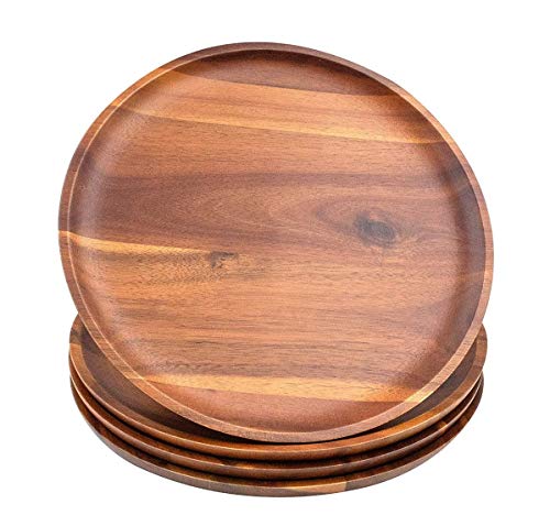 AIDEA Acacia Wood Dinner Plates, 11Inch Round Wood Plates Set of 4, Easy Cleaning & Lightweight for Dishes Snack, Dessert, Unbreakable Classic Plate