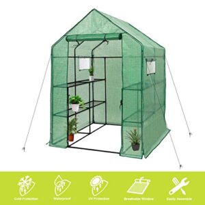 deluxe green house 56" w x 56" d x 77" h,walk in outdoor plant gardening greenhouse 2 tiers 8 shelves - window and anchors include!(green)