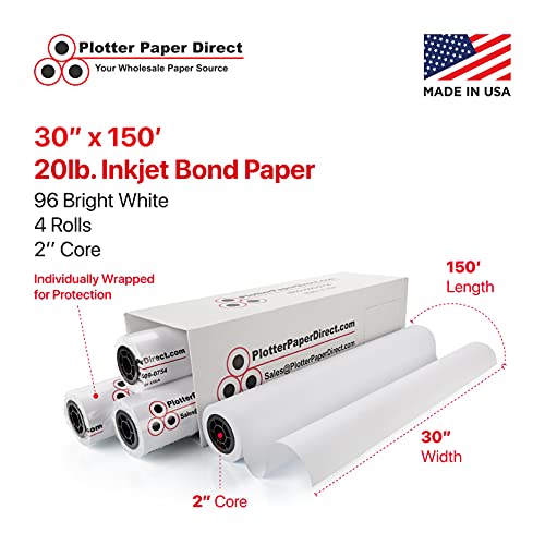 PlotterPaperDirect CAD Paper Rolls, 30’’ x 150’ (4 Pack), 20 lb. Uncoated 96 Bright White Paper on a 2’’ Core, 75 GSM Plotter Paper For Engineers, Architects, Copy Service Shops w/Inkjet Printers…
