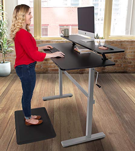 Stand Steady Tranzendesk 55 in Standing Desk with Clamp On Shelf | Easy Crank Height Adjustable Stand Up Workstation w/Attachable Monitor Riser | Holds 3 Monitors & Adds Desk Space (55/Silver Base)