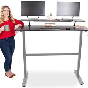 Stand Steady Tranzendesk 55 in Standing Desk with Clamp On Shelf | Easy Crank Height Adjustable Stand Up Workstation w/Attachable Monitor Riser | Holds 3 Monitors & Adds Desk Space (55/Silver Base)