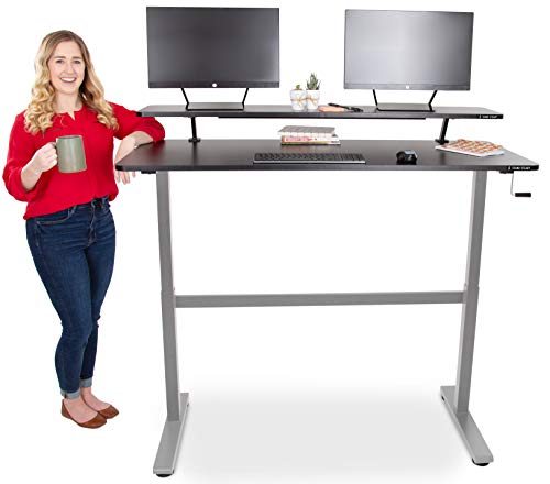 Stand Steady Tranzendesk 55 in Standing Desk with Clamp On Shelf | Easy Crank Height Adjustable Stand Up Workstation w/Attachable Monitor Riser | Holds 3 Monitors & Adds Desk Space (55/Silver Base)