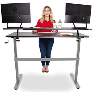 Stand Steady Tranzendesk 55 in Standing Desk with Clamp On Shelf | Easy Crank Height Adjustable Stand Up Workstation w/Attachable Monitor Riser | Holds 3 Monitors & Adds Desk Space (55/Silver Base)