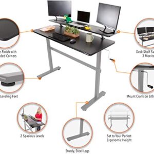 Stand Steady Tranzendesk 55 in Standing Desk with Clamp On Shelf | Easy Crank Height Adjustable Stand Up Workstation w/Attachable Monitor Riser | Holds 3 Monitors & Adds Desk Space (55/Silver Base)