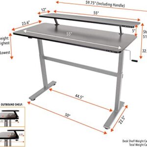 Stand Steady Tranzendesk 55 in Standing Desk with Clamp On Shelf | Easy Crank Height Adjustable Stand Up Workstation w/Attachable Monitor Riser | Holds 3 Monitors & Adds Desk Space (55/Silver Base)