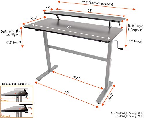 Stand Steady Tranzendesk 55 in Standing Desk with Clamp On Shelf | Easy Crank Height Adjustable Stand Up Workstation w/Attachable Monitor Riser | Holds 3 Monitors & Adds Desk Space (55/Silver Base)