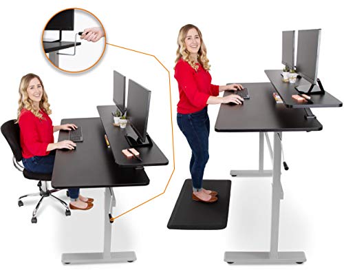 Stand Steady Tranzendesk 55 in Standing Desk with Clamp On Shelf | Easy Crank Height Adjustable Stand Up Workstation w/Attachable Monitor Riser | Holds 3 Monitors & Adds Desk Space (55/Silver Base)