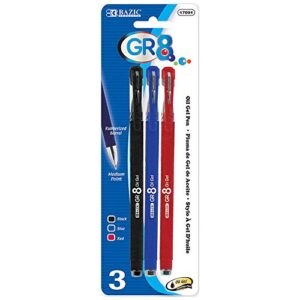 bazic oil gel ink pen, gr8 assorted colors w/rubberized barrel, 0.7 mm medium point smooth writing, for office school (3/pack), 1-pack
