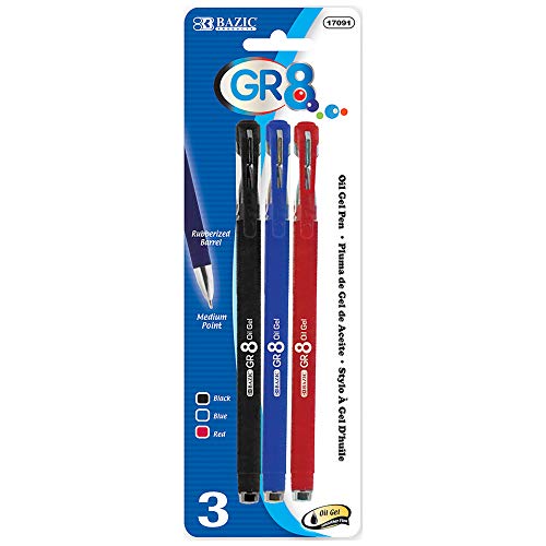 BAZIC Oil Gel Ink Pen, GR8 Assorted Colors w/Rubberized Barrel, 0.7 mm Medium Point Smooth Writing, for Office School (3/Pack), 1-Pack