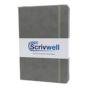 scrivwell dotted a5 hardcover notebook - 208 dotted pages with elastic band, two ribbon page markers, 120 gsm paper, pocket folder - great for bullet journaling - grey