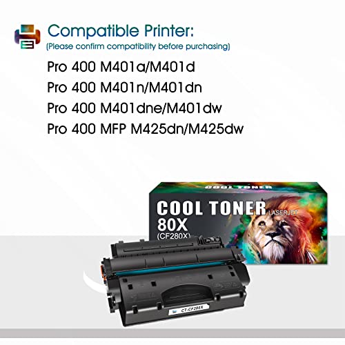 Cool Toner Compatible Toner Cartridge Replacement for HP 80X CF280X 80A CF280A Laserjet Pro 400 M401n MFP M425dn M401dne M401dn M401dw M425dw Laserjet Pro 400 Toner M401 M425 Printer (Black, 2-Pack)