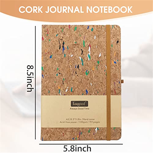 Keegood 1 Pack Dotted Journal Notebook,Bullet Journals,192 Pages A5 8.5 x 5.8inches,100gsm Thick Paper, Hardcover Writing Notebooks with Pocket,Pen Loop Holder,Cork Journal for Student Gifts,Birthday Gifts