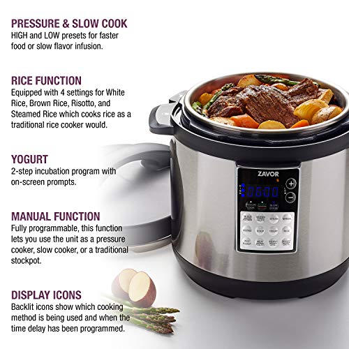 Zavor LUX Edge, 8 Quart Programmable Electric Multi-Cooker: Pressure Cooker, Slow Cooker, Rice Cooker, Yogurt Maker, Steamer and more - Stainless Steel (ZSELE03)