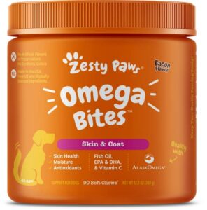 zesty paws omega 3 alaskan fish oil chew treats for dogs - with alaskomega for epa & dha fatty acids - hip & joint support + skin & coat bacon flavor – 90 count