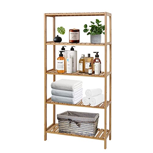 Kinsuite 5-Tier Bamboo Free Standing Storage Rack Shelf Multifunctional Bamboo Shelving Unit Bathroom Kitchen Living Room Holder