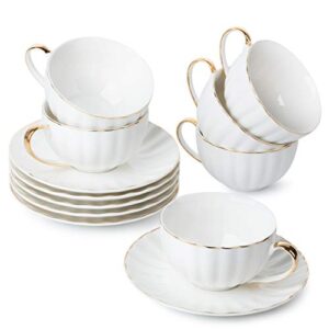 btat- tea cups and saucers, set of 6 (7 oz) with gold trim and gift box, cappuccino cups, coffee cups, white tea cup set, british coffee cups, porcelain tea set, latte cups