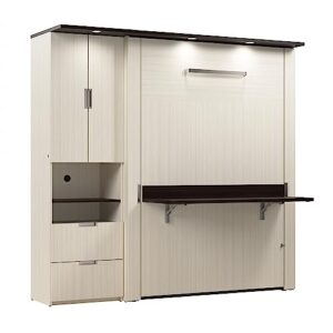 bestar lumina full murphy bed with desk and storage cabinet, sleeping arrangement with drawers, white chocolate