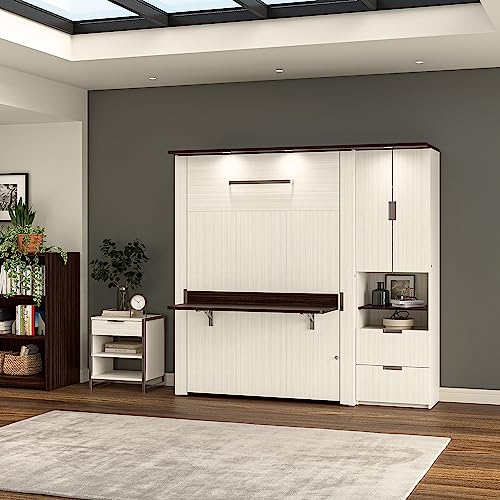 Bestar Lumina Full Murphy Bed with Desk and Storage Cabinet, Sleeping Arrangement with Drawers, White Chocolate