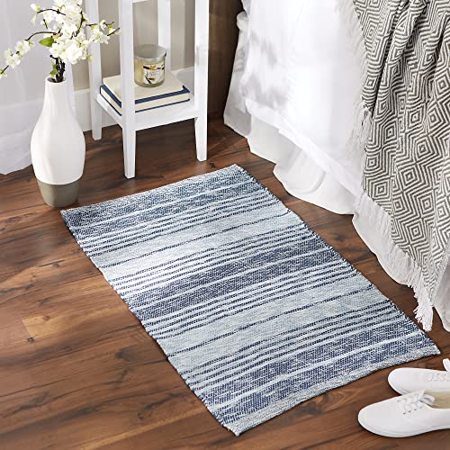 DII Woven Rag Rug Collection Recycled Yarn Variegated Rustic Stripe, 2x3', French Blue