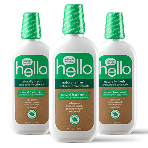 Hello Naturally Fresh Antiseptic Alcohol Free Mouthwash, Natural Fresh Mint with Farm Grown Peppermint, Fluoride Free, Vegan, SLS Free and Gluten Free, 16 Ounce (Pack of 3)