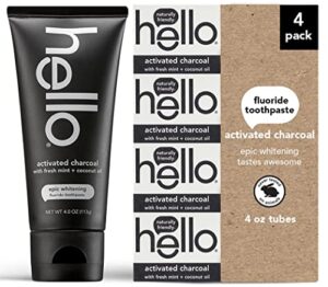 hello activated charcoal epic teeth whitening fluoride toothpaste, fresh mint and coconut oil, vegan, sls free, gluten free and peroxide free, 4 ounce (pack of 4)