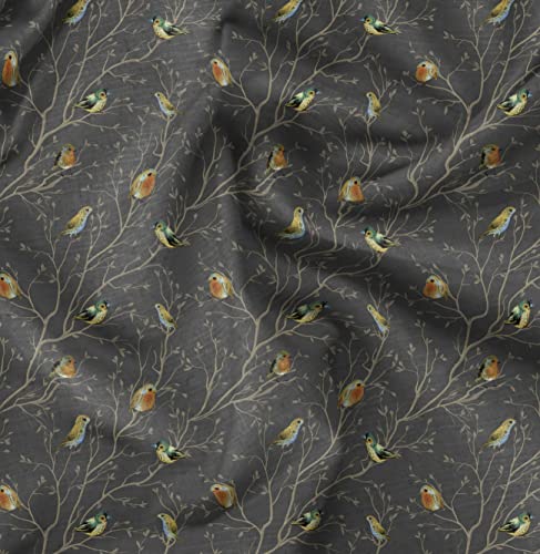 Soimoi Gray Heavy Canvas Fabric Leaves & Flowerpecker Bird Fabric Upholstery Fabric, Fabric for Home Accents Prints by Yard 58 Inch Wide