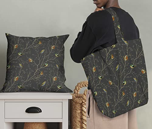 Soimoi Gray Heavy Canvas Fabric Leaves & Flowerpecker Bird Fabric Upholstery Fabric, Fabric for Home Accents Prints by Yard 58 Inch Wide