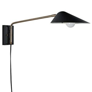 amazon brand – rivet mid-century swiveling long arms, pivoting head, plug-in, hardwire or 2-in-1 option wall sconce with bulb, 11"h, matte black with antique brass - 51457