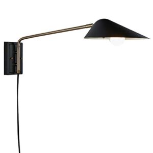 Amazon Brand – Rivet Mid-Century Swiveling Long Arms, Pivoting Head, Plug-In, Hardwire or 2-in-1 Option Wall Sconce with Bulb, 11"H, Matte Black with Antique Brass - 51457