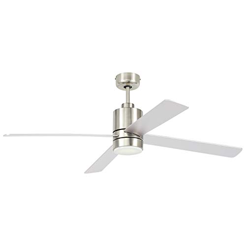 Amazon Brand – Rivet Modern Cylindrical Base Remote Control Flush Mount Ceiling Fan with LED Light, 52"W x 14"H, Brushed Nickel