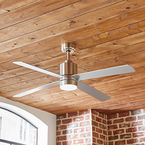 Amazon Brand – Rivet Modern Cylindrical Base Remote Control Flush Mount Ceiling Fan with LED Light, 52"W x 14"H, Brushed Nickel