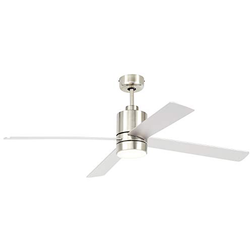 Amazon Brand – Rivet Modern Cylindrical Base Remote Control Flush Mount Ceiling Fan with LED Light, 52"W x 14"H, Brushed Nickel