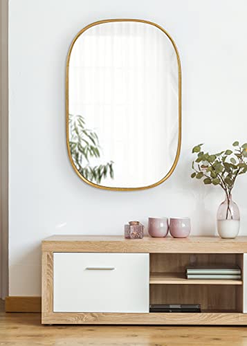 Kate and Laurel Caskill Decorative Mid-Century Modern Rounded Edged Rectangular Frame Wall Mirror in Gold Leaf, 24x35.5 Inches