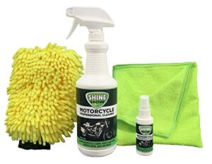 shine doctor motorcycle cleaning kit cleans chrome, leather, vinyl and removes grime and grease.