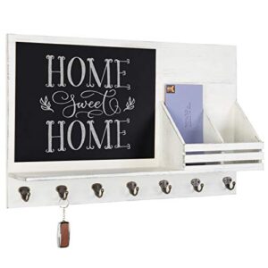 mygift vintage white wood entryway mail and key holder family command center organizer with chalkboard, 2 mail slots, display ledge shelf and 7 hooks