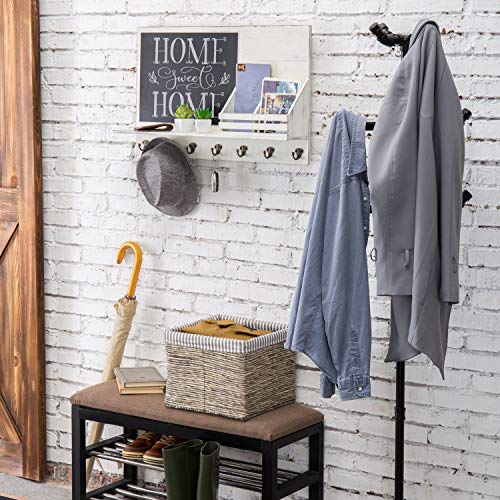 MyGift Vintage White Wood Entryway Mail and Key Holder Family Command Center Organizer with Chalkboard, 2 Mail Slots, Display Ledge Shelf and 7 Hooks