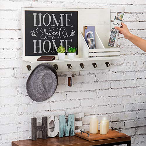 MyGift Vintage White Wood Entryway Mail and Key Holder Family Command Center Organizer with Chalkboard, 2 Mail Slots, Display Ledge Shelf and 7 Hooks