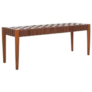 safavieh home amalia 47-inch cognac and dark brown leather weave bench