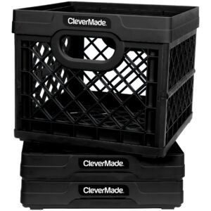 clevermade - collapsible milk crates, 25l plastic stackable storage bins clevercrates utility folding baskets, pack of 3, black