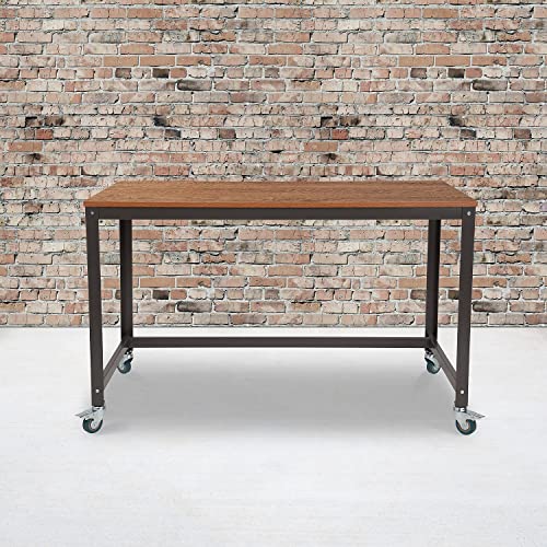 Flash Furniture Livingston Collection Computer Table and Desk in Brown Oak Wood Grain Finish with Metal Wheels