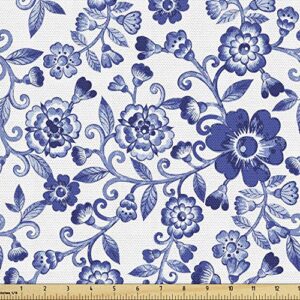lunarable floral fabric by the yard, swirl flower pattern folk russian folk cultural petals ornamental image, decorative fabric for upholstery and home accents, 3 yards, blue and white