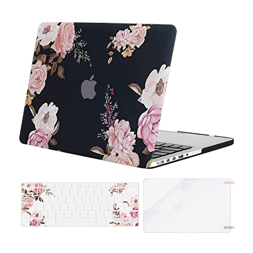 MOSISO Case Only Compatible with MacBook Pro Retina 13 inch (Models: A1502 & A1425) (Older Version Release 2015 - end 2012), Plastic Peony Hard Shell Case&Keyboard Cover&Screen Protector, Black