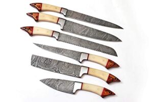 randy,custom made damascus steel kitchen/chef's knife set with leather roll bag dr-1061-b-6.