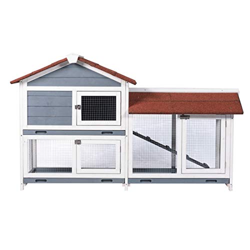 Good Life Two Floors 62" Wooden Outdoor Indoor Roof Waterproof Bunny Hutch Rabbit Cage Guinea Pig Coop PET House for Small to Medium Animals with Stairs and Cleaning Tray PET537