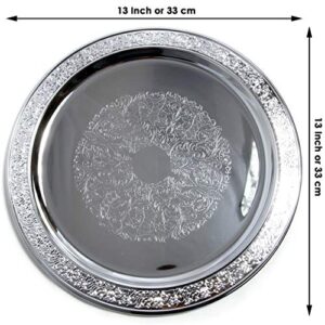 MARO MEGASTORE (Pack of 4 Traditional Round Floral Pattern Engraved Catering Chrome Plated Serving Tray Mirror Plate Silver Metal Platter Tableware Wedding Birthday (Extra Large) T139 (4-Pack (13"))