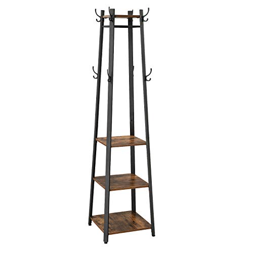 VASAGLE ALINRU Coat Rack with 3 Shelves, Stand with Hooks for Scarves, Bags and Umbrellas, Steel Frame, Industrial Style, Rustic Brown and Black ULCR80X