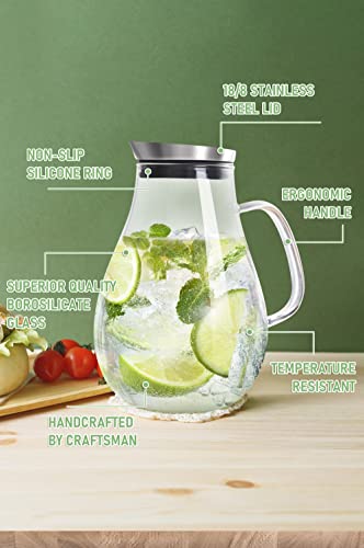 SUSTEAS 2 Liter Glass Pitcher, Water Pitcher with Removable Lid And Wide Handle, Easy Clean Juice Jug for Fridge, Beverage Carafe for Cold/Hot Water, Iced Tea, 1 Free Long-Handled Brush Included