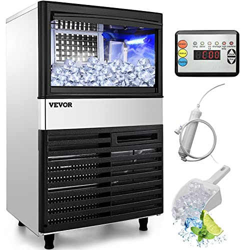 VEVOR 110V Commercial Ice Maker Machine 110LBS/24H with 39LBS Bin, LED Panel, Stainless Steel, Auto Clean, Include Water Filter, Scoop, Connection Hose, Professional Refrigeration Equipment