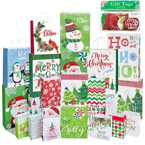 24 white kraft christmas gift bags assorted sizes with 60-count christmas gift tags(bulk set,6 xl,6 large,6 medium,6 small)