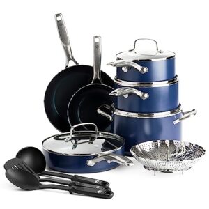 blue diamond cookware diamond infused ceramic nonstick, 14 piece cookware pots and pans set, pfas-free, dishwasher safe, oven safe